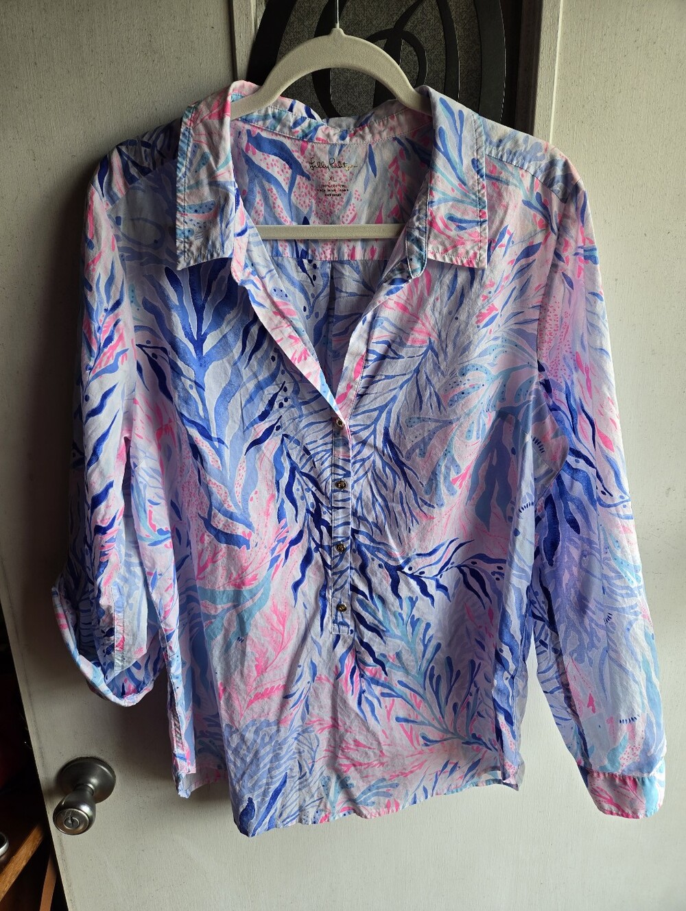 Lily Pulitzer Captiva Tunic Length 3/4 Button-Front Women's Blouse EUC